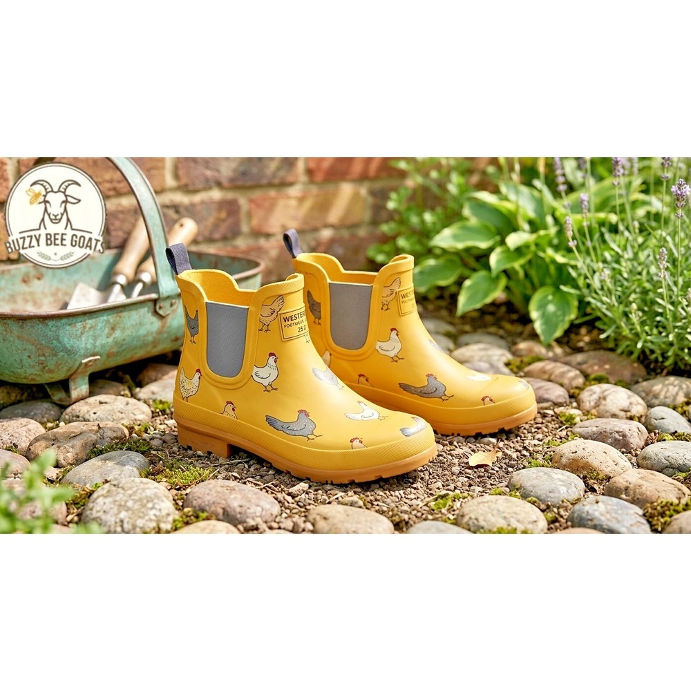Rubber Rain Boots, Western Chief Hen Frenzy Chelsea Boot, Yellow Womens SZ 7